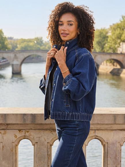 Sosandar Funnel Neck Denim Bomber Jacket, Dark Indigo - view 2, Dark Indigo