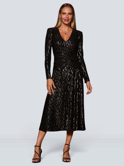 Sosandar Fleck Print V-Neck Ruched Waist Dress, Black/Gold, Black/Gold