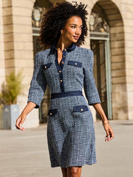 Sosandar Check Print Boucle Dress, Blue - view 2, Blue