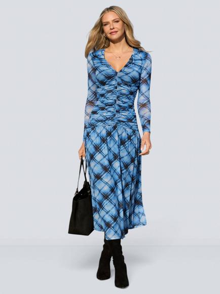 Sosandar Check Print Ruched Front Mesh Dress, Blue/Black, Blue/Black