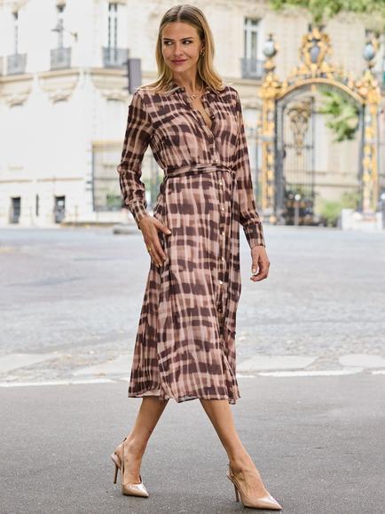 Sosandar Check Shirt Dress, Brown - view 2, Brown