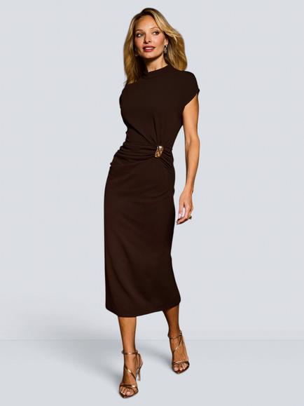 Sosandar High Neck Ruched Midi Dress, Chocolate Brown, Chocolate Brown
