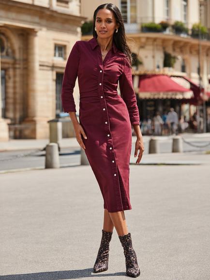 Sosandar Ruched Waist Denim Dress, Burgundy, Burgundy