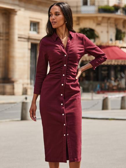 Sosandar Ruched Waist Denim Dress, Burgundy - view 2, Burgundy