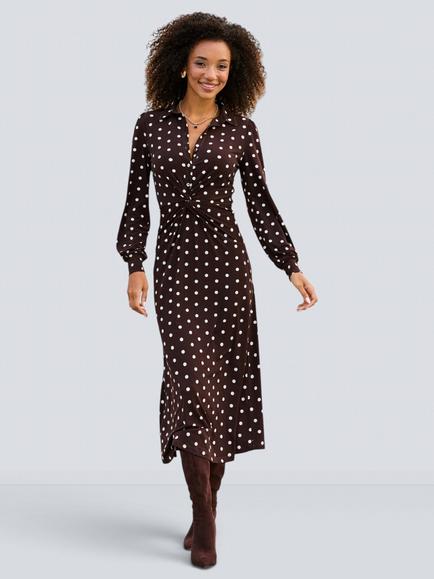 Sosandar Polka Dot Twist Front Shirt Dress, Chocolate Brown, Chocolate Brown