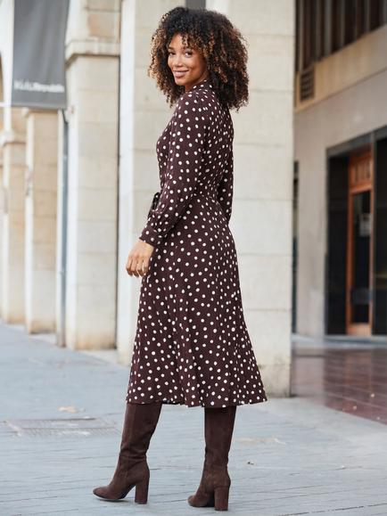Sosandar Polka Dot Twist Front Shirt Dress, Chocolate Brown - view 2, Chocolate Brown