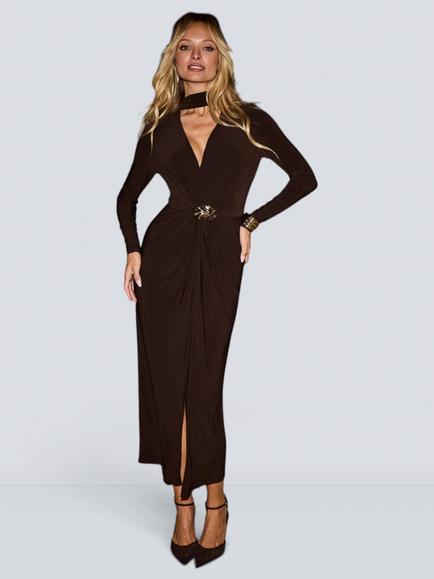 Sosandar Tie Neck Twist Front Dress, Chocolate Brown, Chocolate Brown