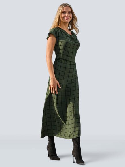 Sosandar Check Print Cowl Neck Dress, Khaki Green, Khaki Green
