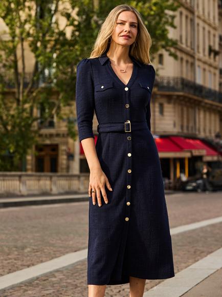 Sosandar Boucle Belted Dress, Navy Blue, Navy Blue