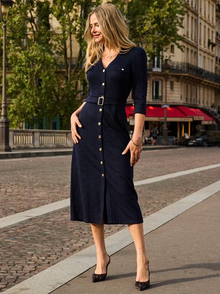Sosandar Boucle Belted Dress, Navy Blue - view 2, Navy Blue