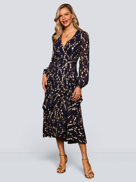 Sosandar Metallic Spot Midi Dress, Navy/Silver, Navy/Silver