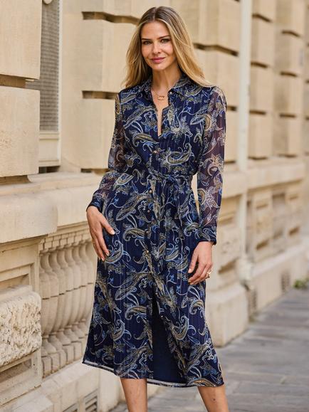 Sosandar Paisley Print Belted Shirt Dress, Navy Blue - view 2, Navy Blue
