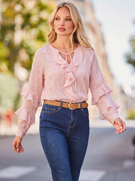 Sosandar Check Print Ruffle Detail Blouse, Pink, Pink