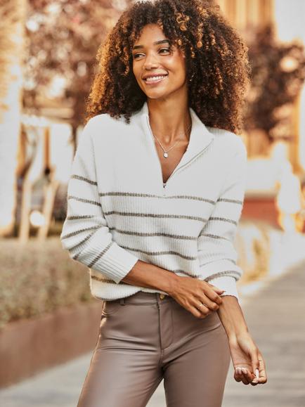 Sosandar Stripe Half Zip Jumper, Ivory/Neutral, Ivory/Neutral