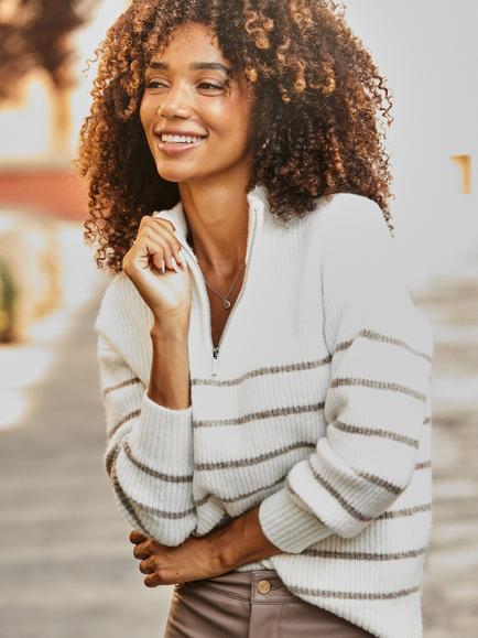 Sosandar Stripe Half Zip Jumper, Ivory/Neutral - view 2, Ivory/Neutral