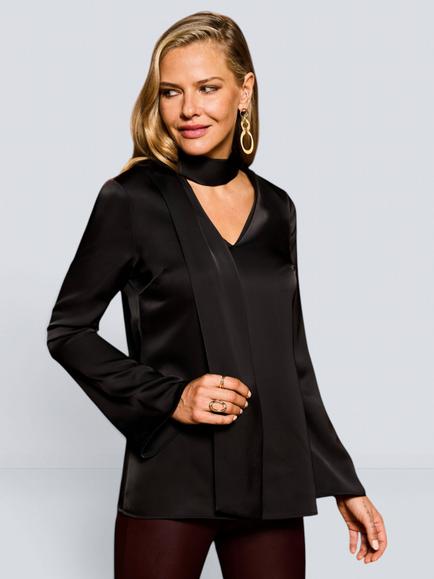 Sosandar Satin Tie Neck Tunic Top, Black, Black
