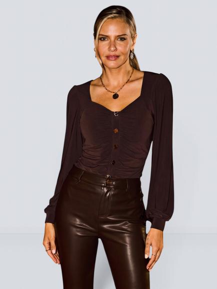 Sosandar Sweetheart Neck Gold Button Top, Chocolate Brown, Chocolate Brown