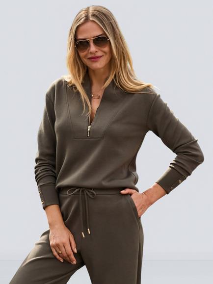 Sosandar Quarter Zip V Neck Sweatshirt, Khaki Green, Khaki Green