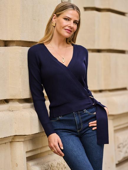 Sosandar Knitted Wrap Top, Navy Blue, Navy Blue