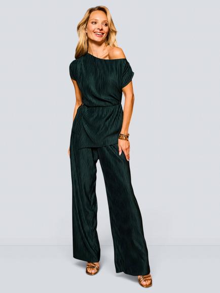Sosandar Plisse Asymmetric Gold Trim Top, Teal Green, Teal Green