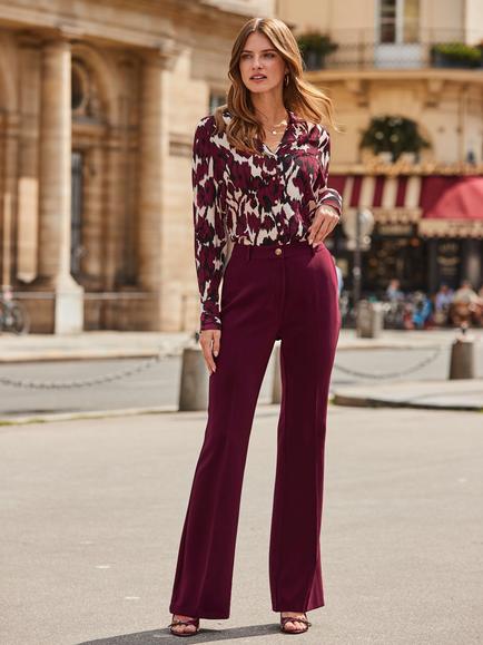 Sosandar Petite Kick Flare High Waisted Trousers, Burgundy, Burgundy