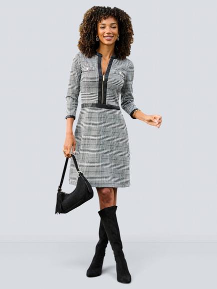 Sosandar Check A-Line Knee Length Dress, Black/White, Black & White
