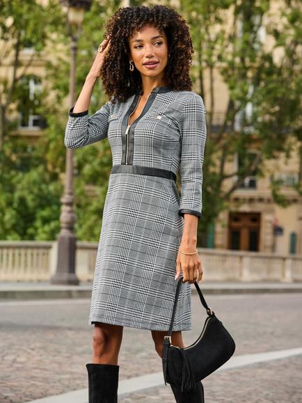 Sosandar Check A-Line Knee Length Dress, Black/White - view 2, Black & White