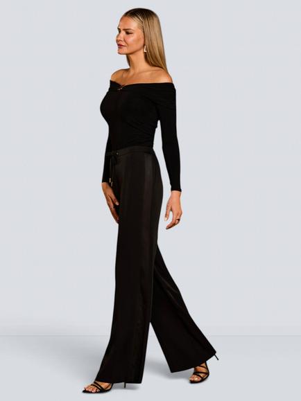 Sosandar Satin Side Stripe Wide Leg Trousers, Black, Black