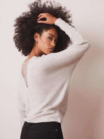 Mint Velvet Lace Detail Batwing Jumper, Grey - view 2, Grey