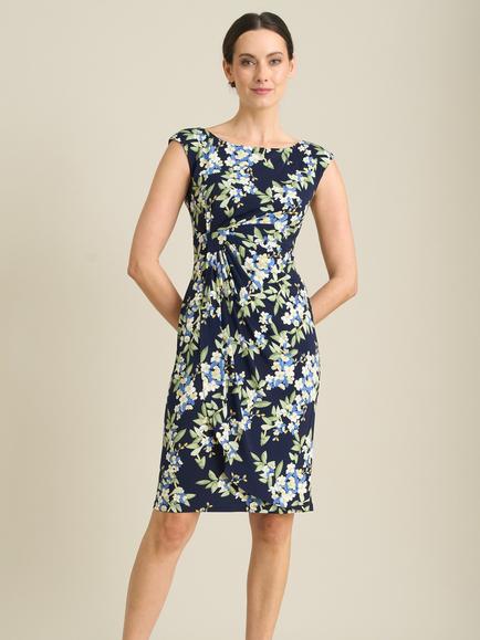 Gina Bacconi Floral Knee Length Dress, Navy/Multi, Navy/Multi