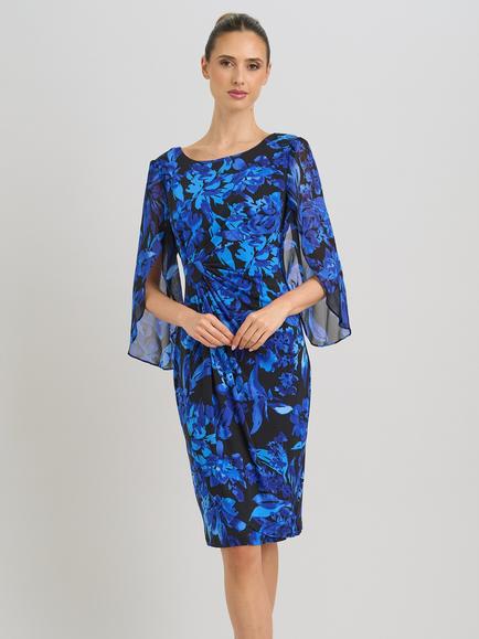 Gina Bacconi Floral Chiffon Sleeve Sheath Dress, Black/Blue, Black/Blue