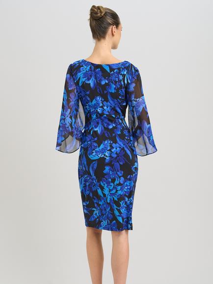 Gina Bacconi Floral Chiffon Sleeve Sheath Dress, Black/Blue - view 2, Black/Blue