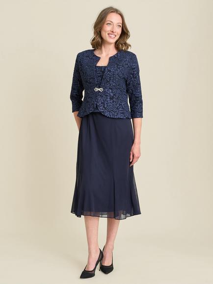 Gina Bacconi Textured Floral Jacket and Dress Set, Navy, Navy