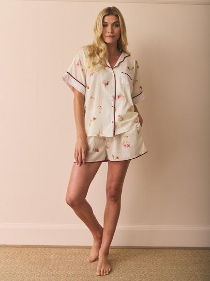 Their Nibs x French Bedroom Nostalgic Rose Oversized Short Cotton Pyjama Set, Ivory/Multi, Ivory/Multi