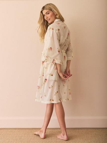 Their Nibs x French Bedroom Nostalgic Rose Cotton Voile Dressing Gown, Ivory/Multi - view 2, Ivory/Multi