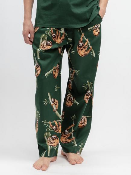 Cyberjammies Cotton Modal Blend Sloth Print Pyjama Trousers, Dark Green, Dark Green