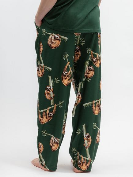 Cyberjammies Cotton Modal Blend Sloth Print Pyjama Trousers, Dark Green - view 2, Dark Green