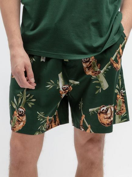Cyberjammies Cotton Modal Blend Sloth Print Pyjama Shorts, Dark Green, Dark Green