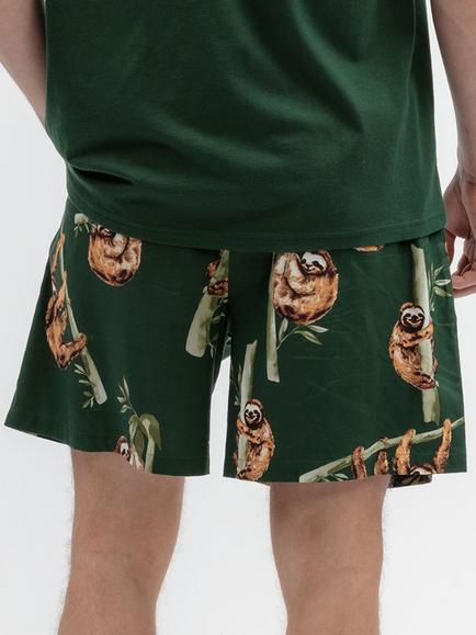 Cyberjammies Cotton Modal Blend Sloth Print Pyjama Shorts, Dark Green - view 2, Dark Green