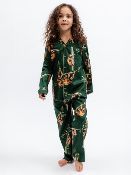 Cyberjammies Minijammies Kids' Long Sleeve Sloth Print Pyjama Set, Green Dark, Green Dark