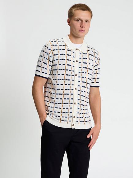 Ben Sherman Jacquard Button Through Check Polo Shirt, Ivory, Ivory