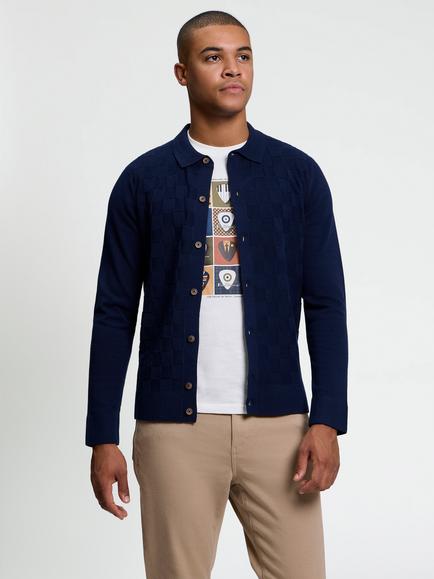 Ben Sherman Long Sleeve Knitted Button Through Shirt, Dark Navy