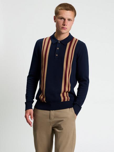 Ben Sherman Mod Stripe Long Sleeve Polo Shirt, Dark Navy/Multi, Dark Navy/Multi