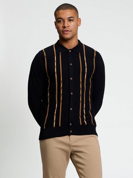 Ben Sherman Graphic Stripe Long Sleeve Polo Shirt, Black/Multi, Black/Multi