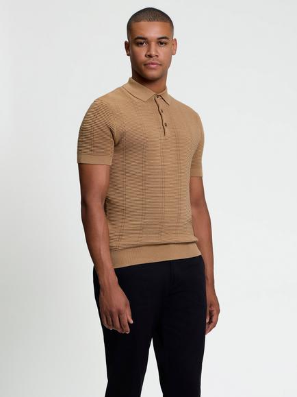 Ben Sherman Texture Rib Cotton Polo Shirt, Dark Navy, Biscuit
