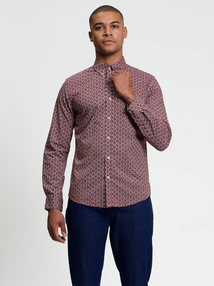 Ben Sherman Block Geo Long Sleeve Button Down Shirt, Maroon, Maroon