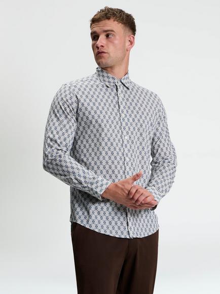Ben Sherman Regular Fit Cotton Linear Geo Shirt, Off White/Blue, Off White/Blue