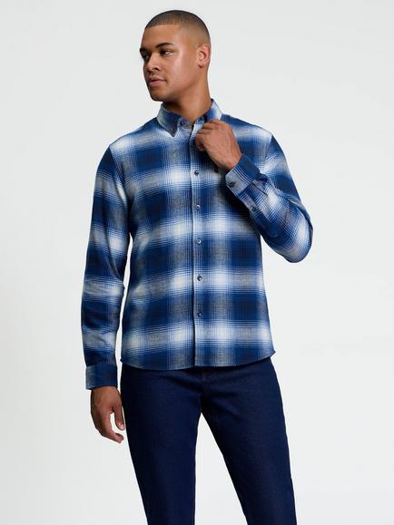 Ben Sherman Ombre Check Long Sleeve Button Down Shirt, Blue Ink, Blue Ink