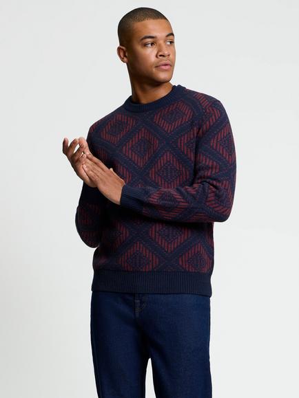 Ben Sherman Graphic Jacquard Crew Neck Jumper, Dark Navy/Red, Dark Navy/Red