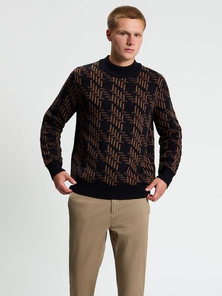 Ben Sherman Dogtooth Jacquard Oversized Crew Neck Jumper, Black/Multi, Black/Multi